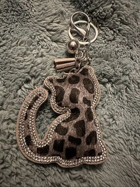 Leopard Cat Keychain Bag Charm in Taupe and Black with Rhinestones